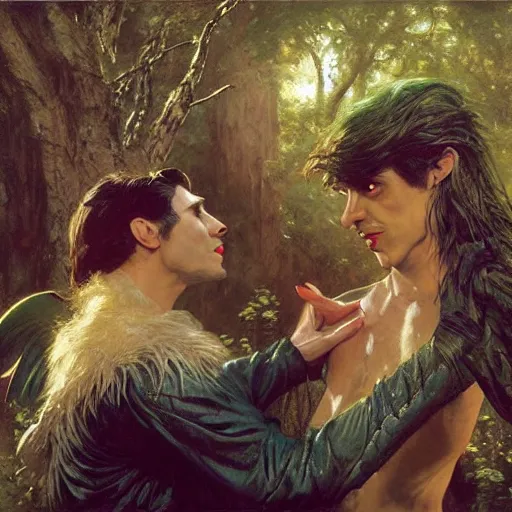 Image similar to attractive male fairy of the forest confesses his love to attractive male dracula the vampire. highly detailed painting by gaston bussiere, craig mullins, j. c. leyendecker 8 k