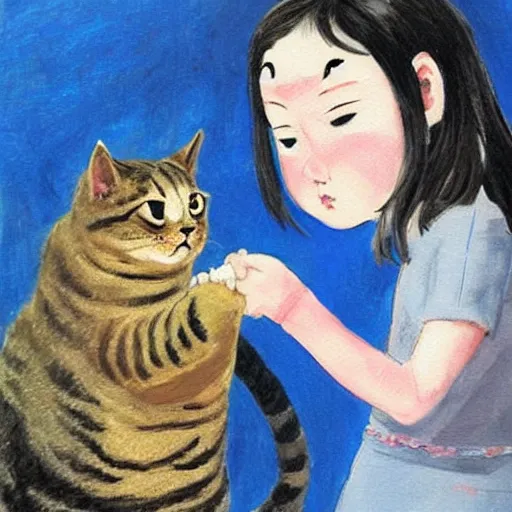 Image similar to Two girls attempt to hold an angry cat, painting by Yoshitomo Nara