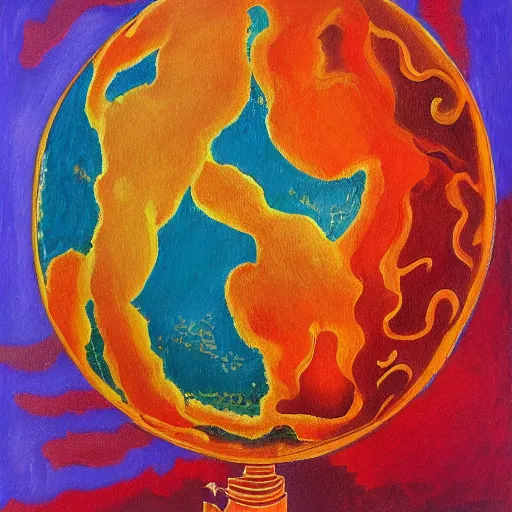 Image similar to a highly detailed painting of the world globe in flames, inspired by dali, matisse, klee, bosch, david hockney, trending on artstation, 4 k