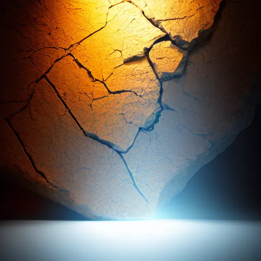 Image similar to photograph of a cracked stone with warm yellow light streaming out of the crack, fantasy, magical, mysterious, cinematic lighting, enhanced, rim lighting, studio photo, hd, 8k