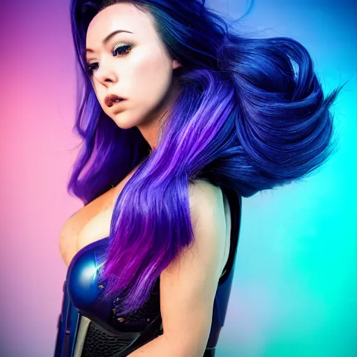 Image similar to a stunning upper body portrait of a beautiful woman with a ombre purple pink hairstyle with hair blowing in the wind wearing futuristic navy blue and teal battle bodyarmor and pauldrons by marvel comics, outrun, vaporware, action photography, movement, high shutter speed, highly detailed, fine detail, intricate, digital art, trending on artstation