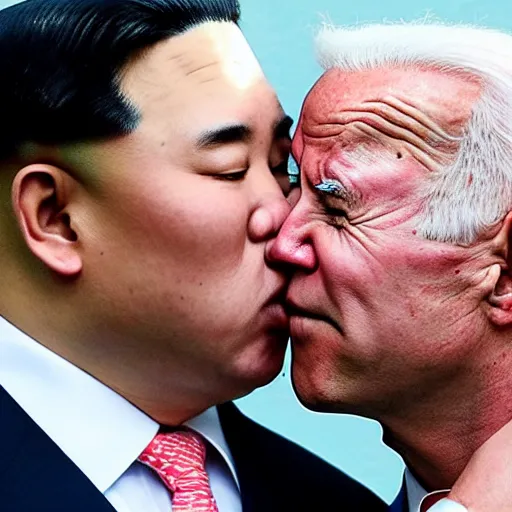 Prompt: kim jong un kissing joe biden