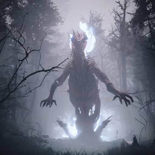 Prompt: science based dragon breathing fire on a forest of ents, unreal engine photorealistic artstation trending macabre