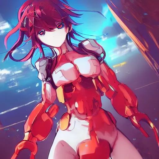 Image similar to digital anime art, wlop, rossdraws, sakimimichan, > > very small cute girl < < standing on a large wooden table, red mech arms + red mech legs,