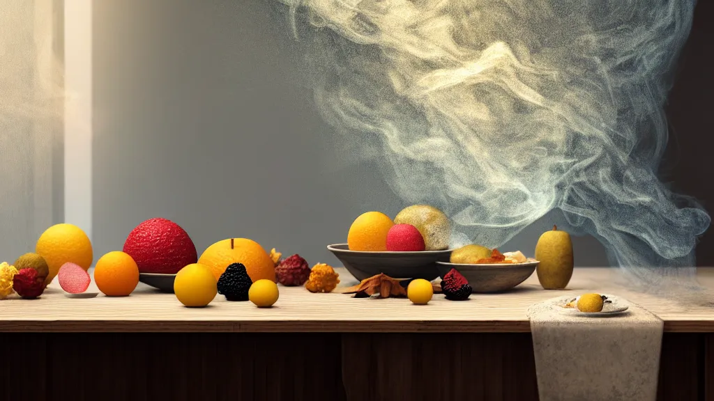 Prompt: we’re all made up stars theme, various fruits on a ornated porcelain plate on a wooden intricated table, ancien abandoned kitchen, detailed, photorealism, autumn rays of light come from the window, diffuse light, smoky background, fluid coloured smoke, octane render