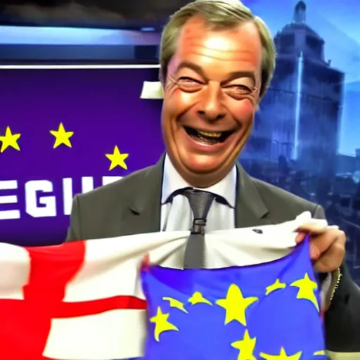 Image similar to nigel farage laughing holding burning eu flag, studio photograph, hd, studio