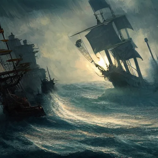 Image similar to cinematic shot pirate ship sinking after being attacked by the kraken rain waves sunset digital painting, artstation, concept art, soft light, hdri, smooth, sharp focus, illustration, fantasy, intricate, elegant, highly detailed, D&D, matte painting, in the style of Greg Rutkowski and Alphonse Mucha and artemisia, 8k, highly detailed, jurgens, rutkowski, bouguereau, pastoral, rustic, georgic