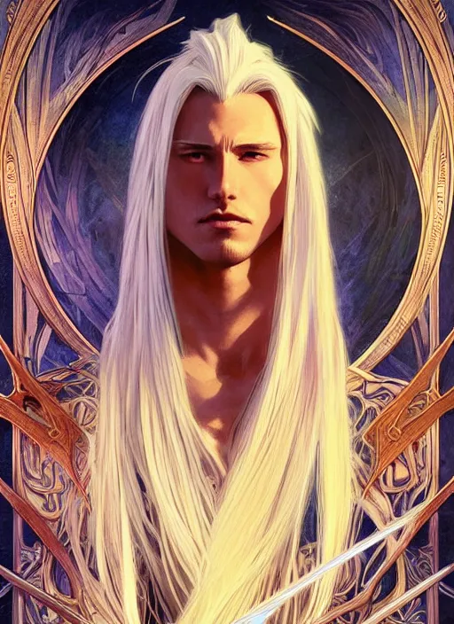 Image similar to centered portrait, Sephiroth as a male D&D Ranger, blonde hair, Art Nouveau, beautiful retro Fantasy heroine 1985, intricate, elegant, highly detailed, centered, digital painting, trending on artstation, concept art, smooth, sharp focus, illustration, art by raphael lacoste, eddie mendoza, Mucha, alex ross, WLOP