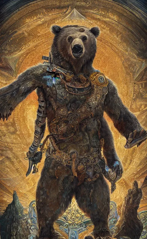Image similar to mural of a bear beast-man, sci fi weapon, royal ornaments, reaching towards the heavens, sci fi world, holy imagery, highly detailed, beautiful colors, renaissance mural, mural in the style of sandro boticceli, sandro boticceli