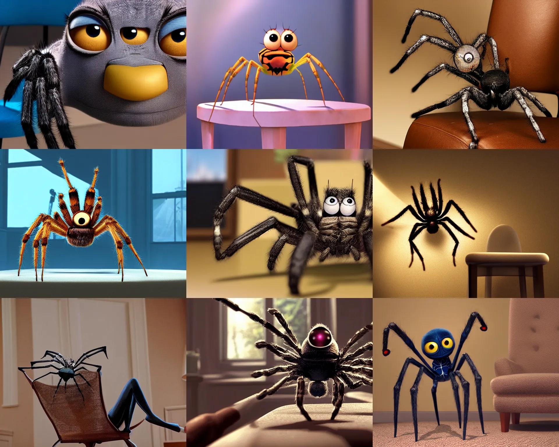 Prompt: spider sitting on chair, pixar movie still