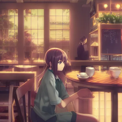 Image similar to Anime girl in a typical coffee shop in Quindio, Artwork by Makoto Shinkai, official media, 8k, pixiv, high definition, wallpaper, hd, digital artwork