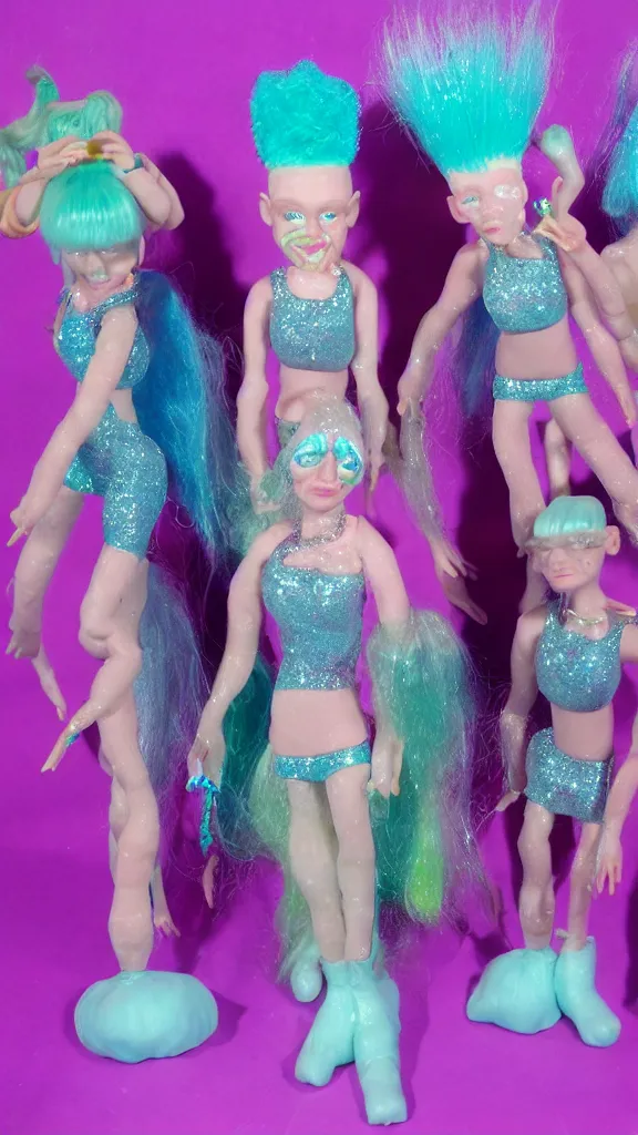 Prompt: popworld 3 d y 2 k troll dolls and sparkles, seapunk