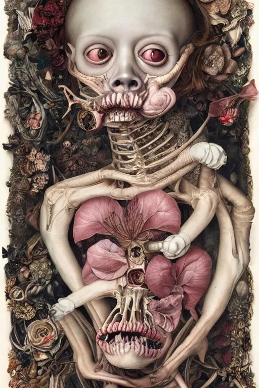 Prompt: Detailed maximalist portrait with large lips and eyes, scared expression, botanical anatomy, skeletal with extra flesh, HD mixed media, 3D collage, highly detailed and intricate, surreal illustration in the style of Jenny Saville and mark ryden, dark art, baroque, centred in image