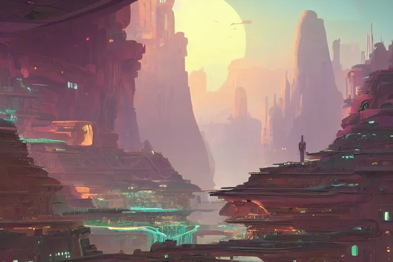 Image similar to a matte painting of a solarpunk city floating above a canyon by syd mead and peter mohrbacher and james gilleard