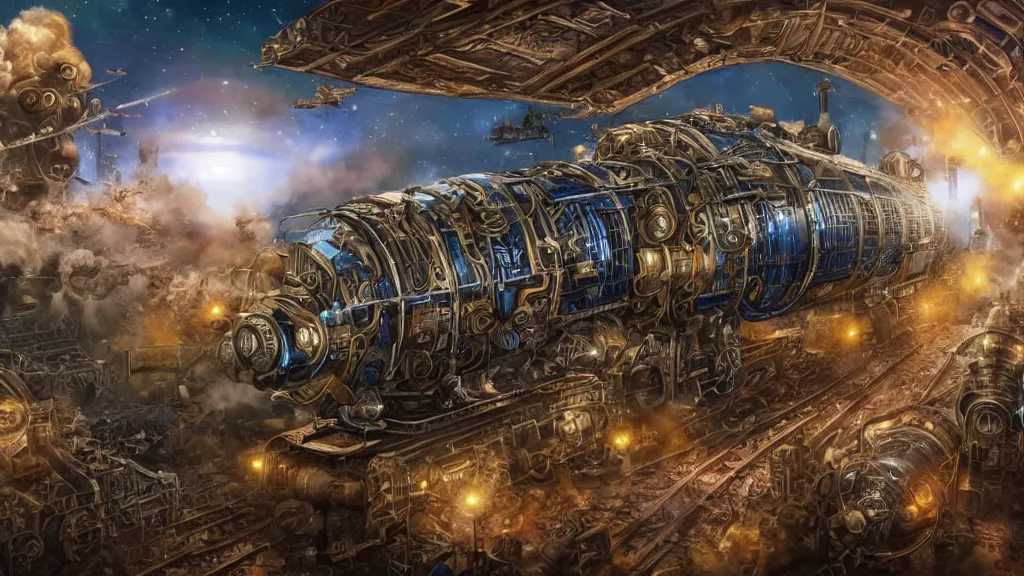 Image similar to Steampunk space train is leaving earth. Extremely detailed. Wide angle shot, 4K. Set in space