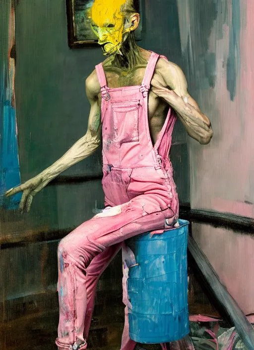 Image similar to an insane, skinny, artist wearing torn overalls, expressive emotions, painting inside a grand messy studio, depth of field, hauntingly surreal, highly detailed oil painting, by francis bacon, edward hopper, adrian ghenie, glenn brown, soft light 4 k in pink, green and blue colour palette, cinematic composition, cinematic lighting, high quality octane render, masterpiece
