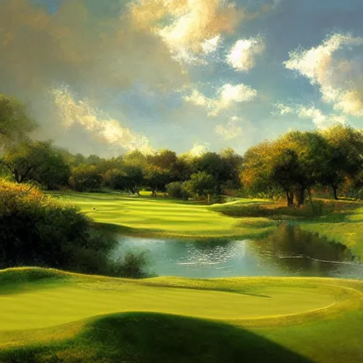 Image similar to beautiful lush golf course, big fluffy clouds, landscape, nature, craig mullins