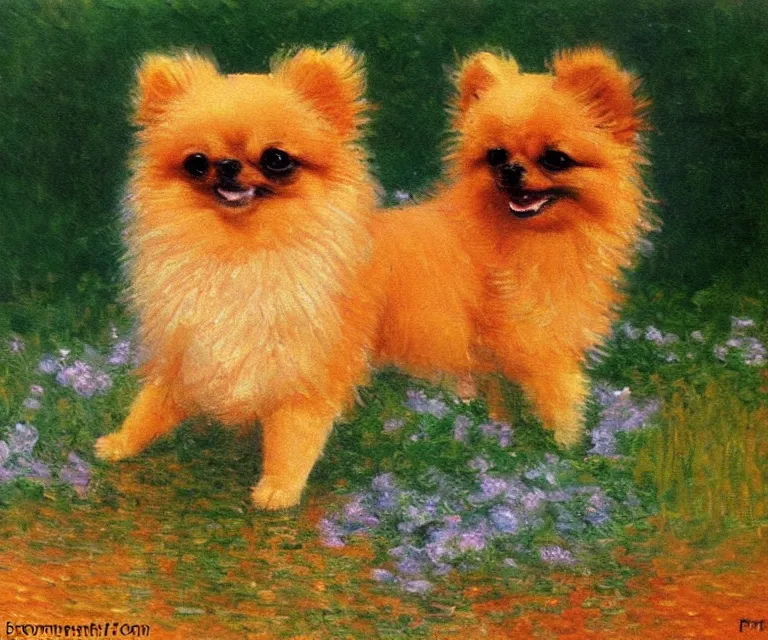 Image similar to pomeranian, cute, monet, oil painting