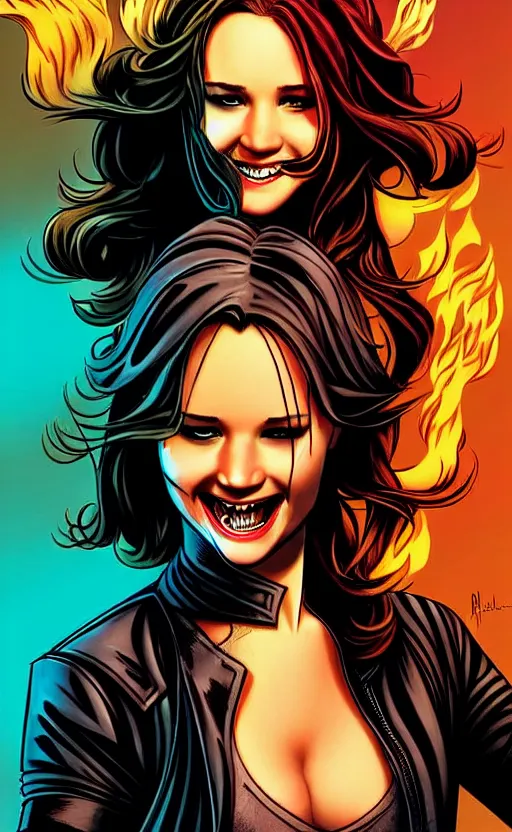 Image similar to Rafael Albuquerque comic cover art, Jennifer Lawrence with sharp vampire teeth, smile, direct gaze, brown leather jacket, jeans, long hair, full body, building on fire, cool colors, detailed, 4k