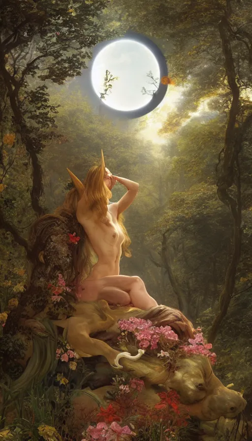 Image similar to A mythical alicorn viewing at a solar eclipse from a primordial forest. Highly detailed, digital painting, artstation, concept art, sharp focus, illustration, art by Jan Brueghel the Elder, greg rutkowski and alphonse mucha.