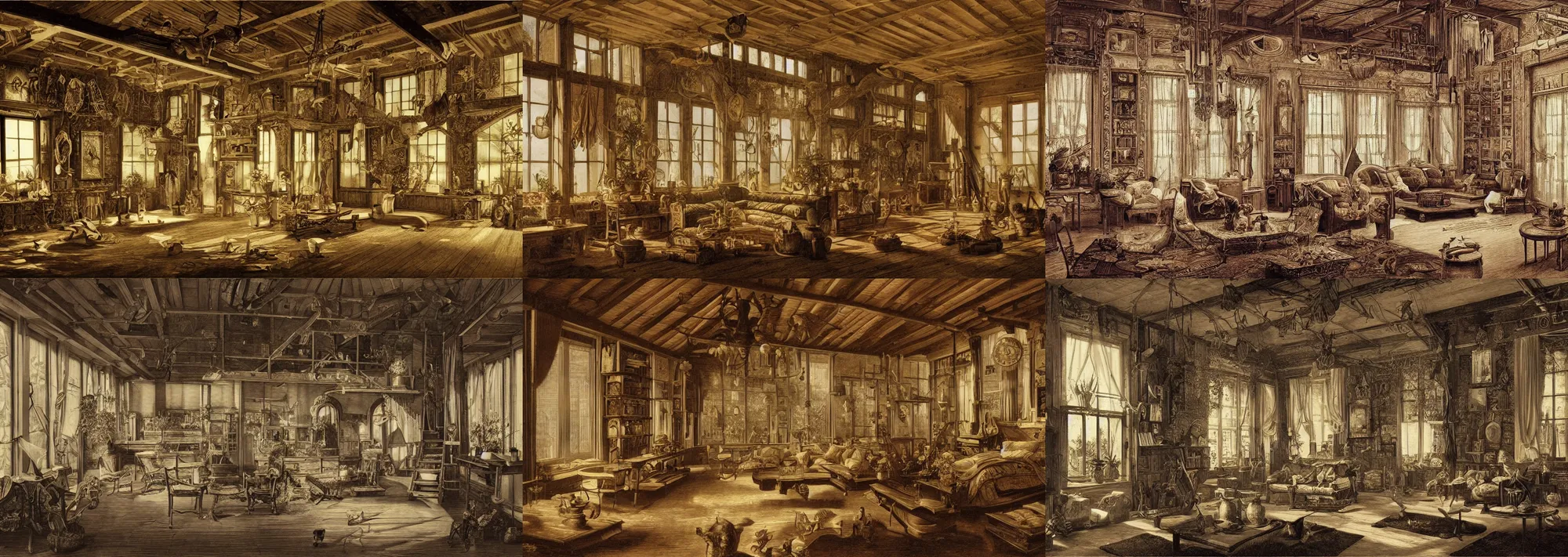 Prompt: picture of an interior loft by earnst haeckel, art station