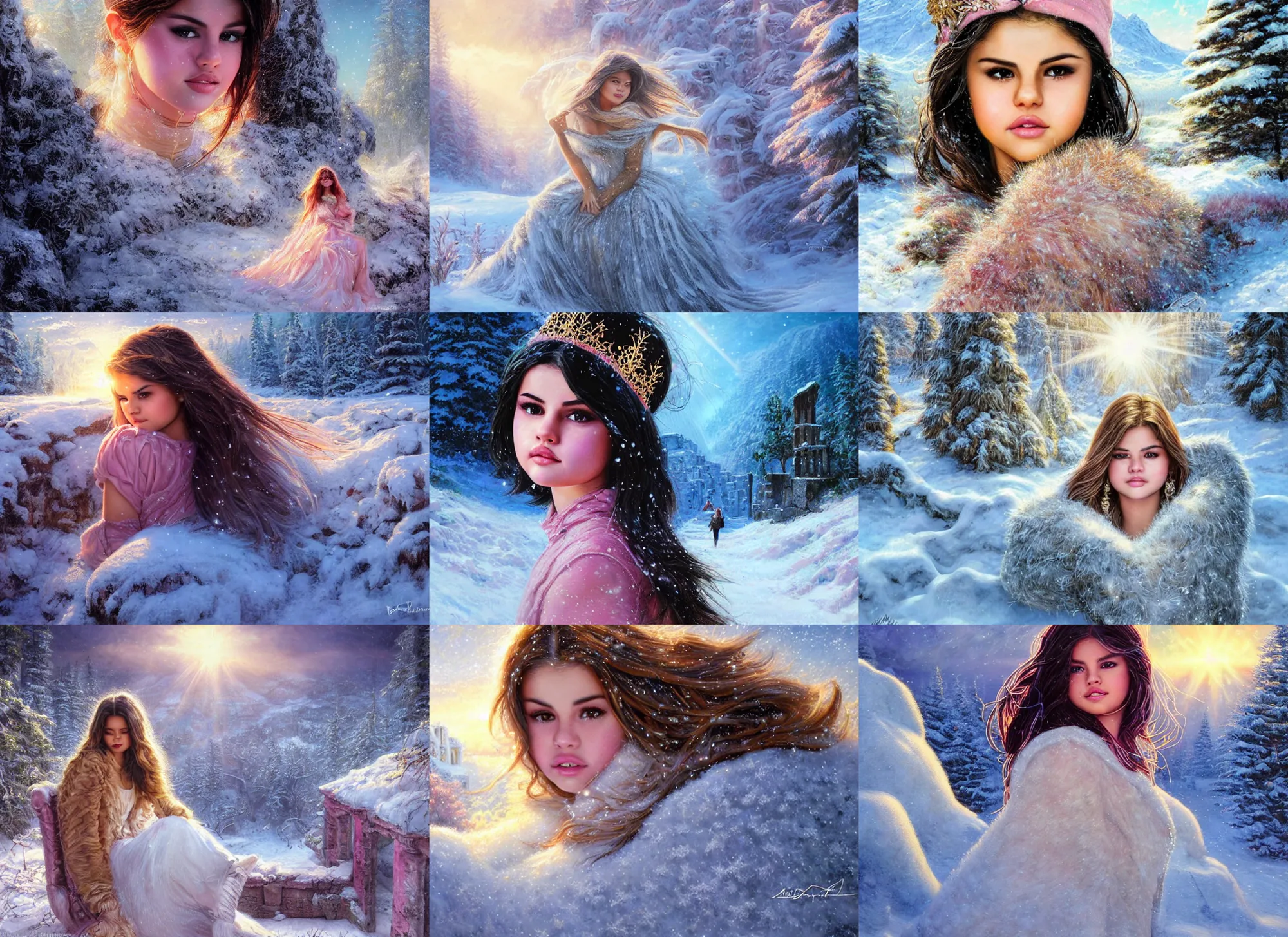 Prompt: epic face portrait of Selena Gomez warmly clothed sleeping in deep snowy snow, winter princess, ancient ruins, prism sun rays through wind swept snow, pink golden hour, saturated, intricate, highly detailed, epic vista, very crispy, Ralph Horsley, Daniel F. Gerhartz, Artgerm, Boris Villajo, Lilia Alvarado