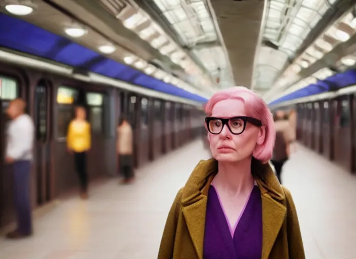 Prompt: cinematic mid shot of a high detail, woman's face looking off camera, with round glasses. fine facial features. she stands in an empty, pastel colourful 3 d, new york subway scene by jeffrey smart and gregory crewdson and edward hopper, inspired by the grand budapest hotel, lots of pastel colour