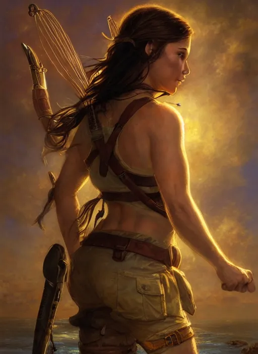 Image similar to seasoned adventurer Lara Croft, golden hour, Lilia Alvarado, Sophie Anderson, Mark Arian, Bob Byerley, Charlie Bowater, Mark Brooks, Steve Henderson, Justin Gerard, Arthur Hughes, Edward Robert Hughes, Mark Keathley, Victor Nizovtsev, Carlos Shwabe, Ross Tran, WLOP