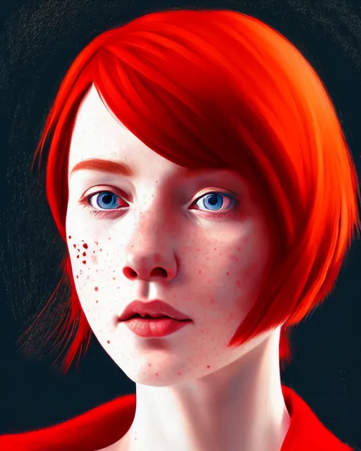 Prompt: a detailed portrait of a pretty!! female president with red hair and freckles, 1 8 0 2, by ilya kuvshinov, digital art, dramatic lighting, dramatic angle