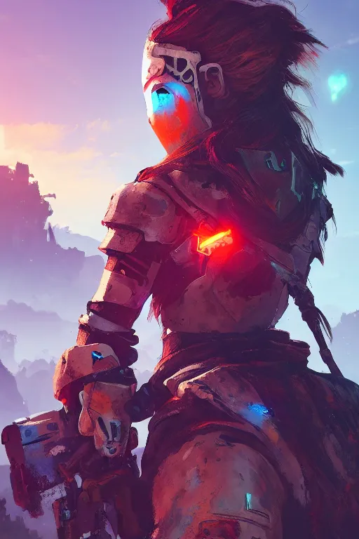 Image similar to combination suit armor aloy horizon forbidden west horizon zero dawn radiating a glowing aura global illumination ray tracing hdr fanart arstation by ian pesty and alena aenami artworks in 4 k tribal robot ninja mask helmet backpack