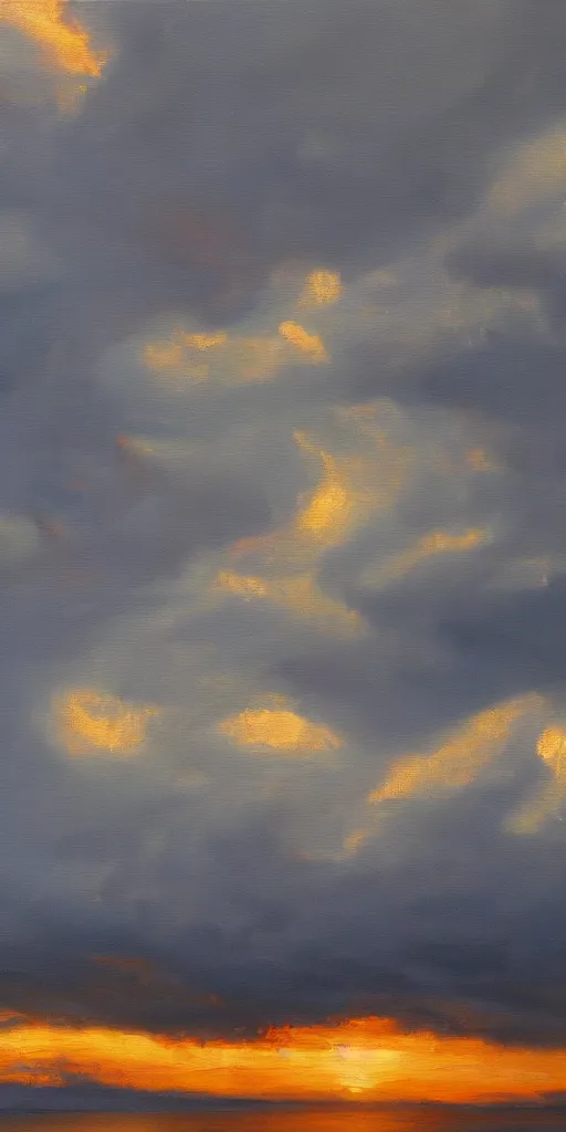 Prompt: a realistic oil painting of stormy skies at sunrise