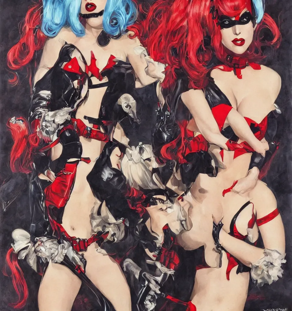 Image similar to a beautiful pinup art of lady gaga dressed up as harley quinn, single full body portrait poster, by robert mcginnis