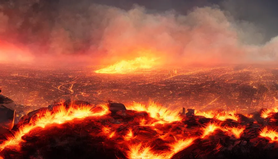 Prompt: wide view from a hill of los angeles on fire with smoke columns, hyperdetailed, artstation, cgsociety, 8 k