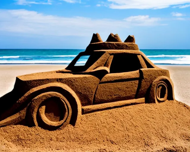 Prompt: sand sculpture of an old mustang car on a black sand beach