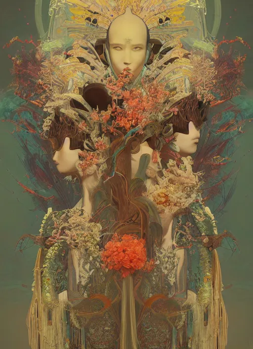 Image similar to portrait full three kingdom breathtaking detailed concept art painting art deco pattern of birds goddesses amalmation flowers head thibetan temple, by hsiao ron cheng, tetsuya ichida, bizarre compositions, tsutomu nihei, exquisite detail, extremely moody lighting, 8 k, art nouveau, old chines painting, art nouveau