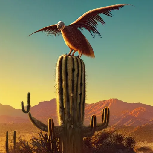 Image similar to A full body dodo bird perched atop a Saguaro cactus in the desert, digital art, trending on Artstation, high detail, sharp focus, illustration, art by artgerm and greg rutkowski and alphonse mucha.