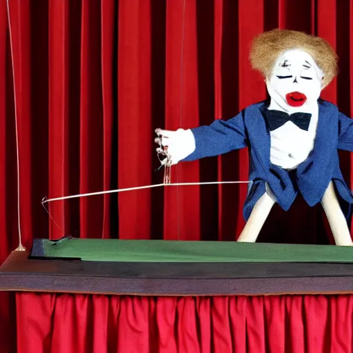 Prompt: puppet show of a string marionette of a president with clown makeup in a podium