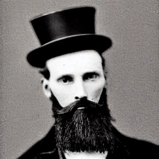 Image similar to A photograph portrait of Jerma985 in the mid-late 1800s with a top hat and beard, taken in the mid-late 1800s, grainy, taken on a Field View Camera, realistic, hyperrealistic, very realistic, highly detailed, very detailed, extremely detailed, detailed, digital art, trending on artstation