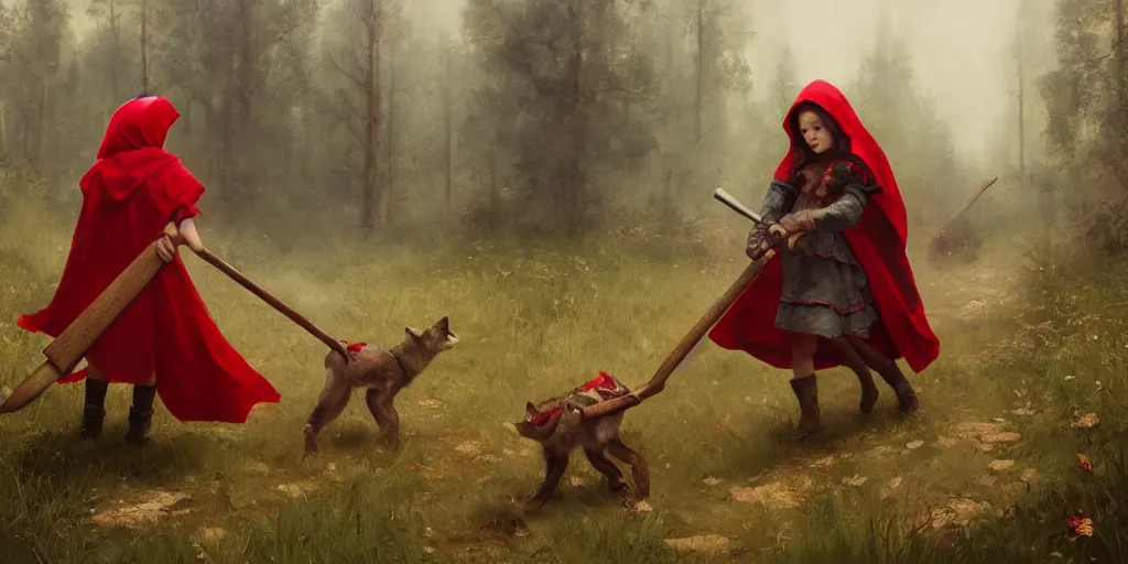 Image similar to little red riding hood chasing baby wolves with a large oversized hammer, Greg Rutkowski, Darek Zabrocki, Karlkka, Jayison Devadas, Phuoc Quan, trending on Artstation, 8K, ultra wide angle, pincushion lens effect.