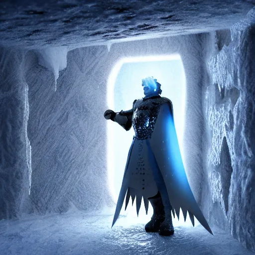 Prompt: knight frozen inside a block of ice, his sword is near him inside the ice, while a single ray of light comes from an opening in the wall, fantasy render, unreal engine 5, octane, raytracing, light transport, artstation