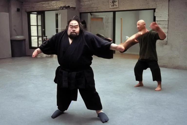 Image similar to 6 0 0 pound dwarf doing kung fu practice in the matrix