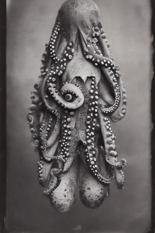 Image similar to a wet plate photo of an anthropomorphic octopus dressed as pope