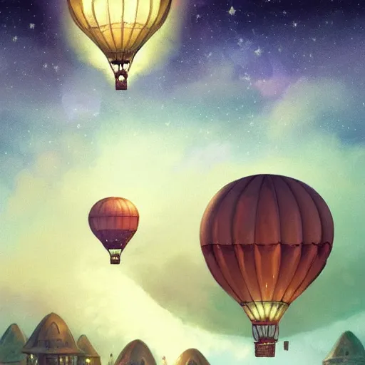 Image similar to a beautiful stunning fantasy whimsical matte digital illustration of a hot - air balloon race at night by marc simonetti, pastel color palette, disney steampunk, chiaroscuro magical bokeh moon stars, trending on artstation hq, masterpiece