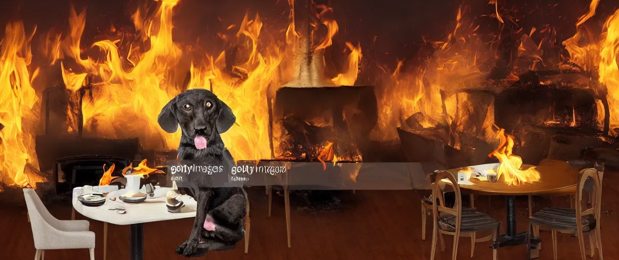 Prompt: a photograph (flash on) of a single anthropomorphic dog sitting on a chair at a dinner table (no fire at all there), very relaxed, surrounded by flames, cup of coffee on the table, huge fire on this dining room in the background, a lot of flames behind the dog, black smoke instead of the ceiling, no watermark