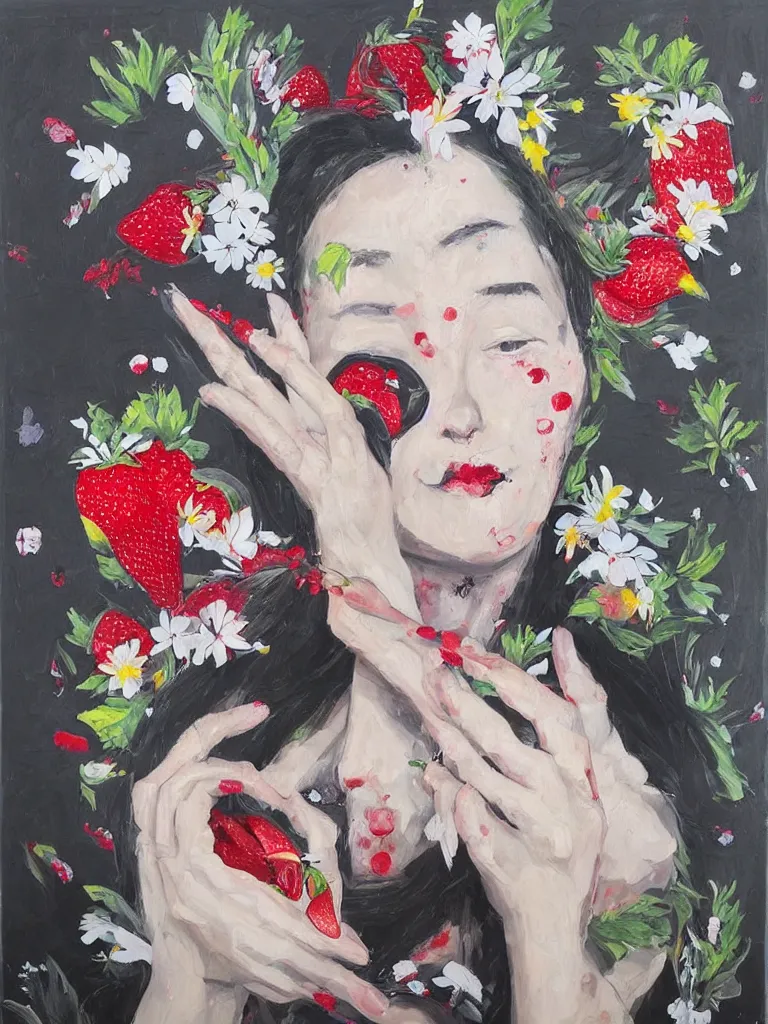 Prompt: “art in an Australian artist’s apartment, portrait of a woman wearing white muslin, eating luscious fresh raspberries and strawberries and blueberries, white wax, edible flowers, Japanese pottery, ikebana, black walls, acrylic and spray paint and oilstick on canvas”