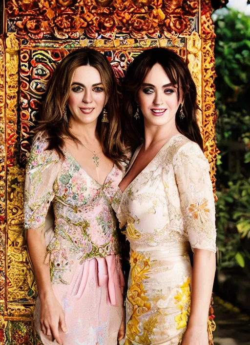 Image similar to portrait of elizabeth hurley and katy perry wearing kebaya in bali temple, by charlotte grimm, natural light, detailed face, beautiful features, symmetrical, canon eos c 3 0 0, ƒ 1. 8, 3 5 mm, 8 k, medium - format print, half body shot