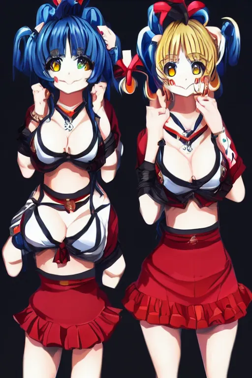 Image similar to two beautiful female idols with twintails standing chest to chest on stage, detailed anime art