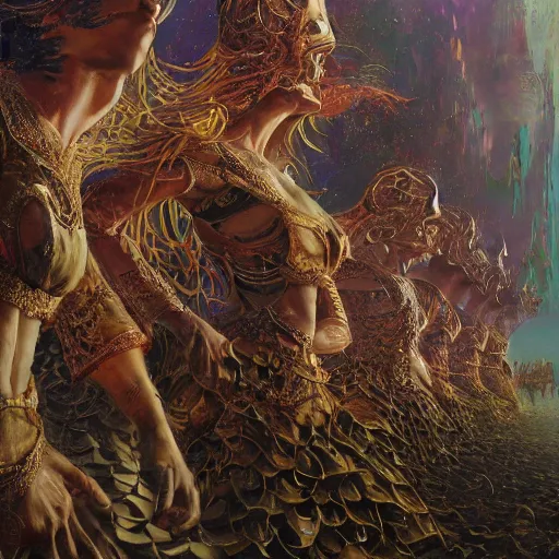 Prompt: men and women in expansive suite and dress changing they each other heads, collapse, colour splashes, wide angle, extremely high details quality, bao phan, viktor safonkin, bruce pennington, larry elmore, intricate, hyperrealistic oil painting on canvas, deep depth field, hd, hdr, 4 k, 8 k