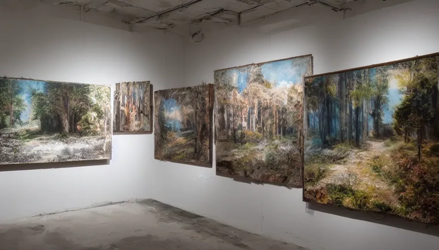 Prompt: photos of landscapes, in a decrepit art gallery, painted on by robots! dramatic lighting