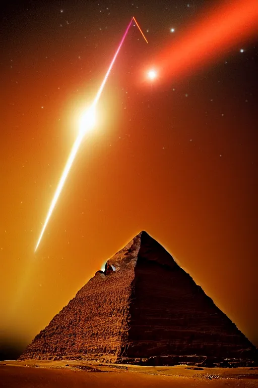 Prompt: egyptian pyramid is shooting tall laser beam in space from the top of the cone, photo by Marc Adamus,